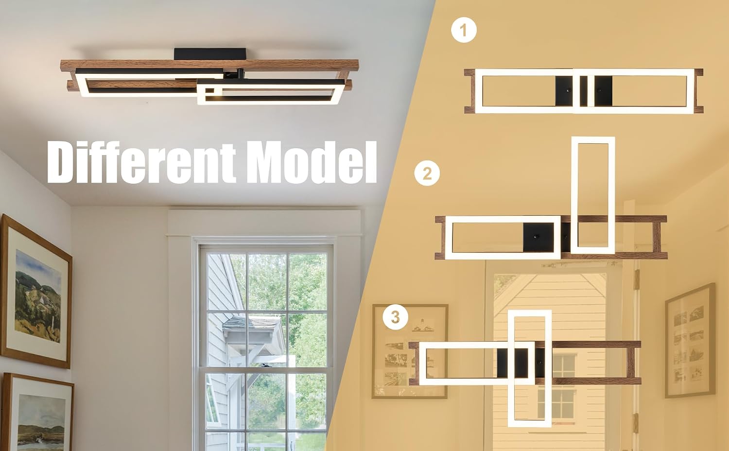 Lingkai 27.5' LED Modern Ceiling Lights Wooden Square Rectangular Lamp Fixture Wood, Modern Kitchen Ceiling Lighting Fixtures 3000K for Island Bedroom Living Room Hallways