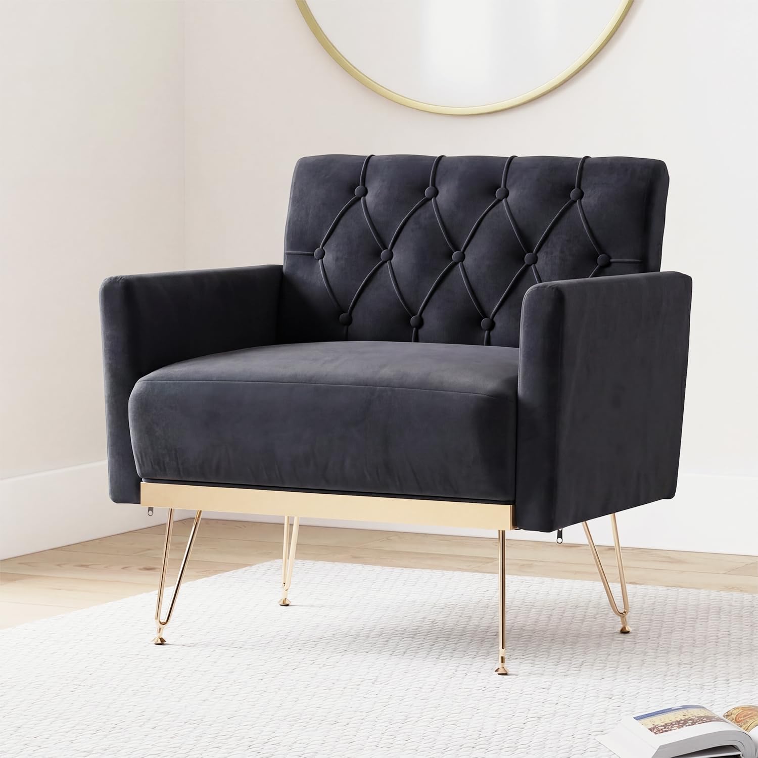 Olela Accent Chair with Arm for Living Room, Velvet Modern Armchair Single Sofa Cozy Tufted Upholstered Reading Side Chairs with Gold Metal Leg for Bedroom Decorate
