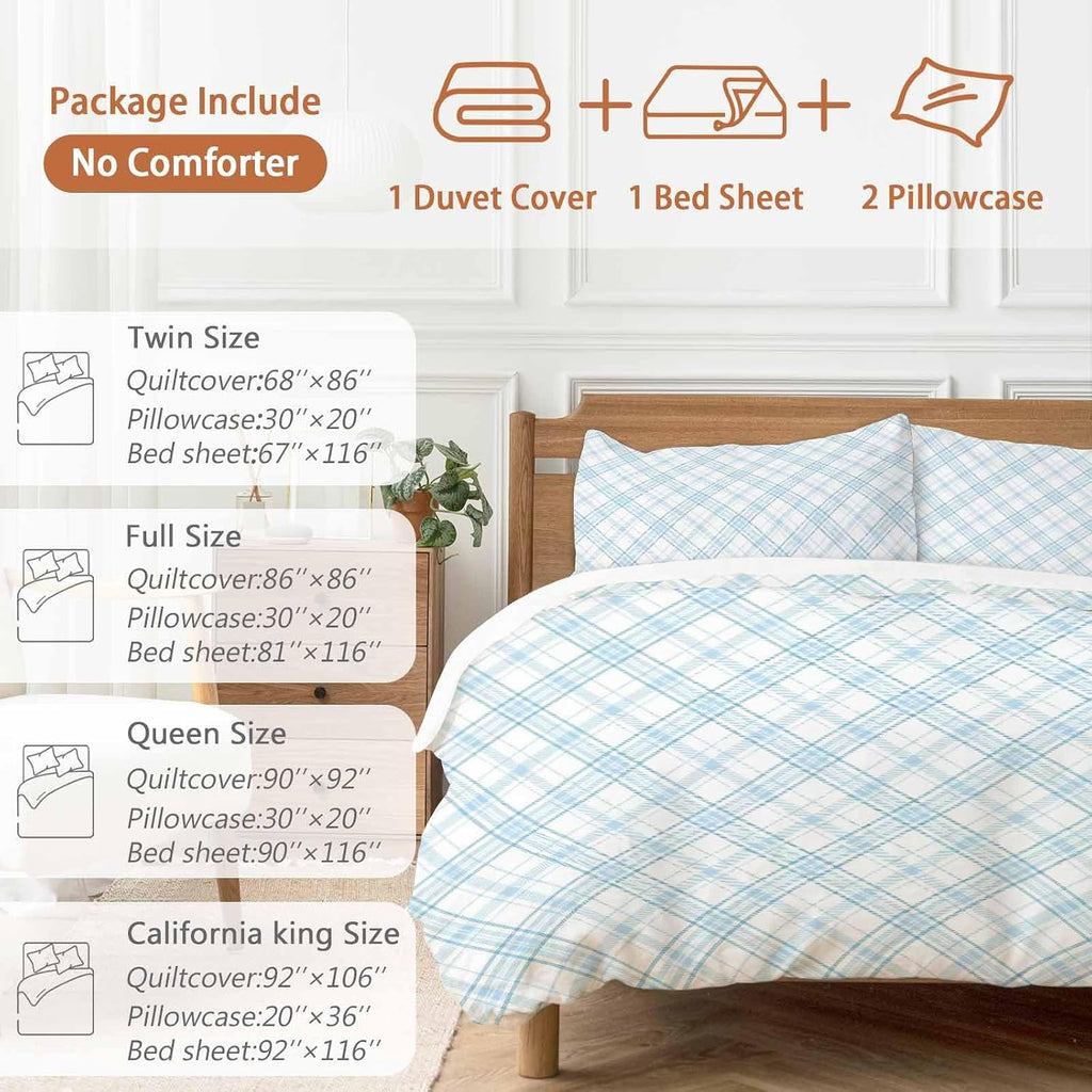 Light Blue White Checkered Duvet Cover Set Queen Size 4 Pieces Modern Minimalist Watercolor Country Farm Bedding Set with Zipper Closure, 1 Comforter Cover 86x86 Inches 1 Flat Sheet & 2 Pillow Cases