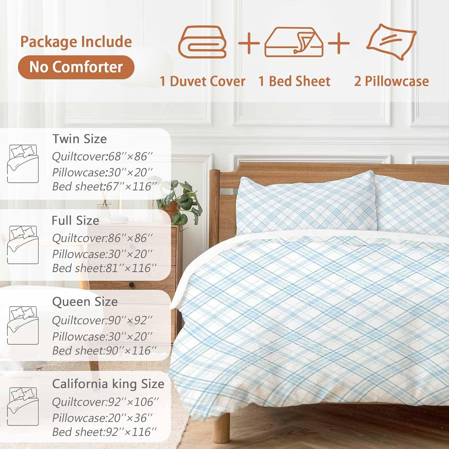 Light Blue White Checkered Duvet Cover Set Queen Size 4 Pieces Modern Minimalist Watercolor Country Farm Bedding Set with Zipper Closure, 1 Comforter Cover 90x92 Inches 1 Flat Sheet & 2 Pillow Cases