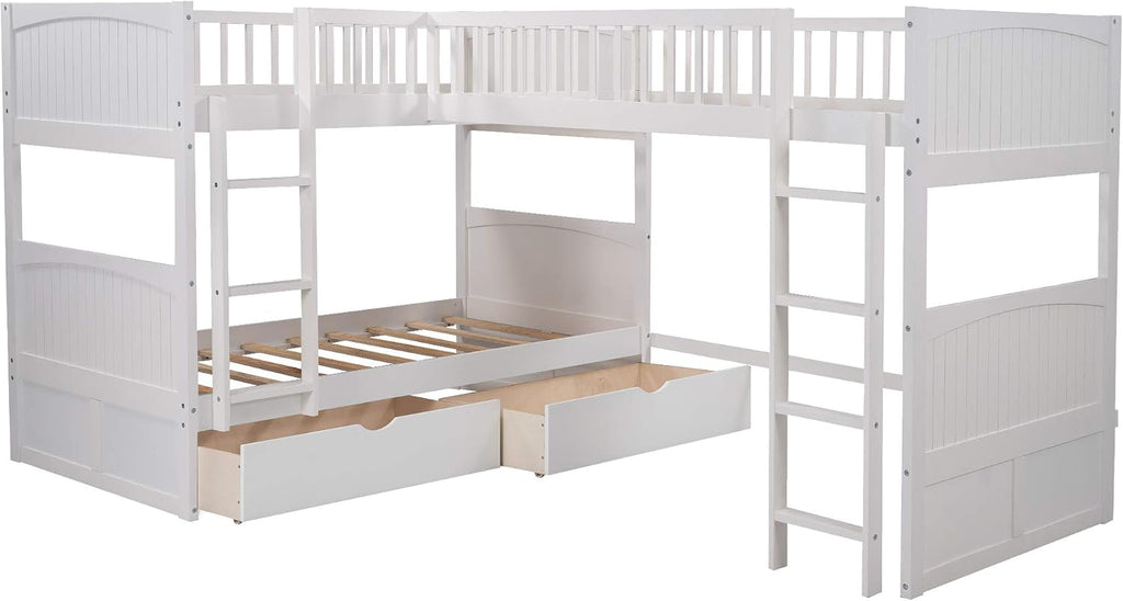 Twin Size Bunk Bed with a Loft Bed Attached and 2 Drawers,Bedroom Wood Bed Frame W/Space,Ladder,Rails,No Box Spring Required,for Girl Boy Kid,White