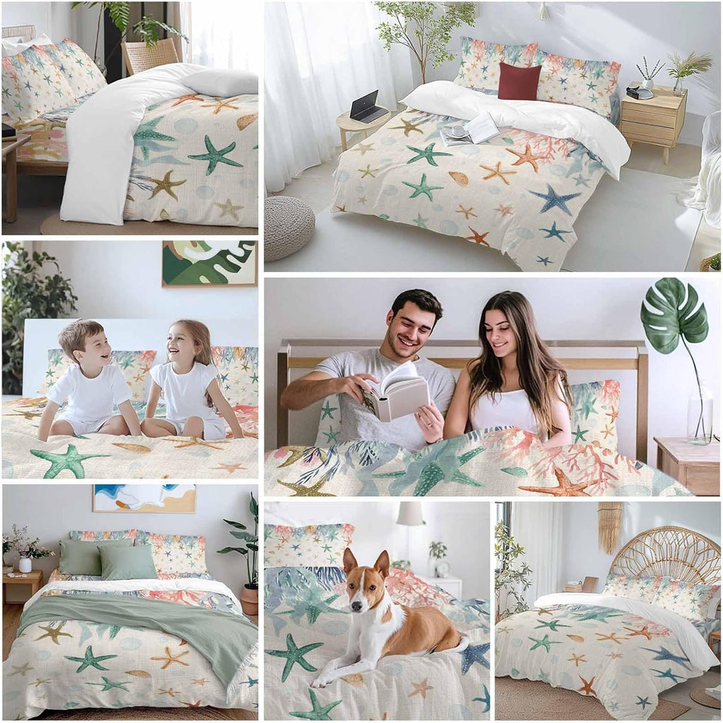 Oceans Animal Duvet Cover Set Queen Size 4 Pieces Summer Colorful Starfish Coral Seagrass Linen Texture Bedding Set with Zipper Closure, 1 Comforter Cover 92x106 Inches 1 Flat Sheet & 2 Pillow Cases