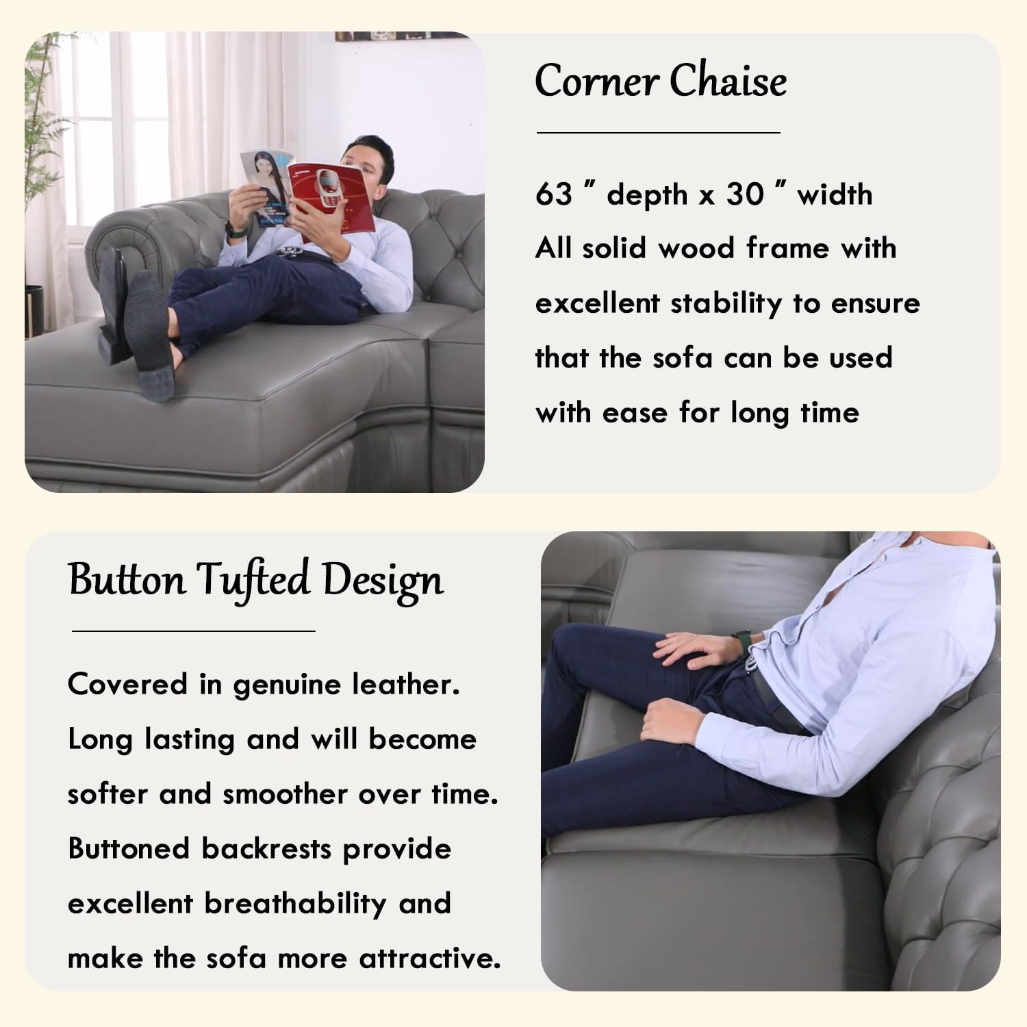 Genuine Leather Sectional Couch, L Shape Top Grain Leather Sofa with 5 Seaters for Living Room Furniture Set, Chesterfield Couches with Button Tufted Design for House/Lounge,Gray