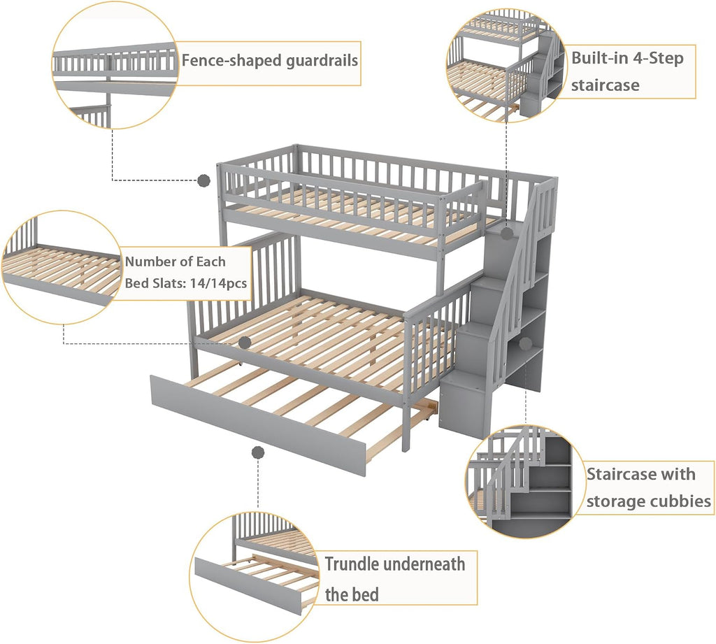 Merax Twin-Over-Full Stairway Bunk Bed with Trundle, Storage Staircase and Full Length Guardrail, Solid Wood Storage Bunk Bed with Trundle, No Spring Box Needed (Grey)