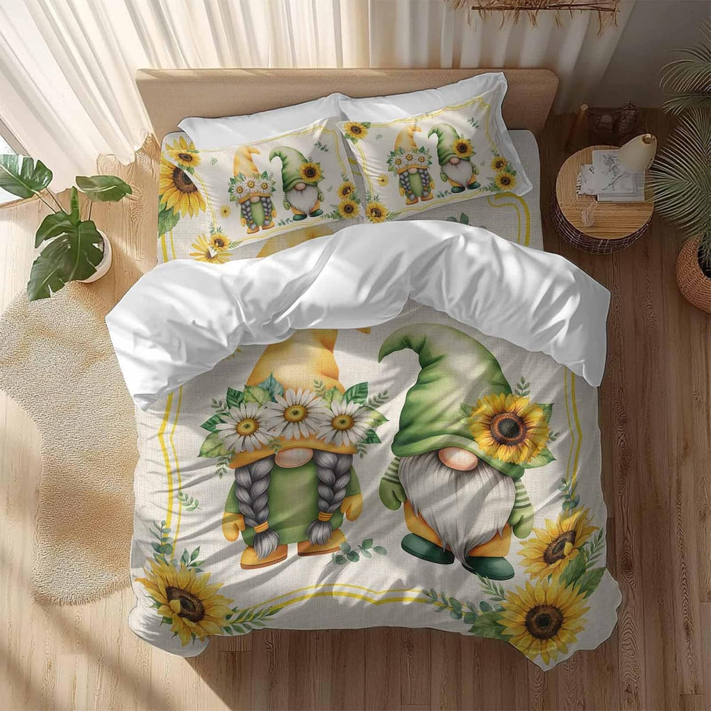 Summer Dwarfs Duvet Cover Set Queen Size 4 Pieces Yellow Sunflower Daisy Field Plant Vintage Bedding Set with Zipper Closure, 1 Comforter Cover 92x106 Inches 1 Flat Sheet & 2 Pillow Cases