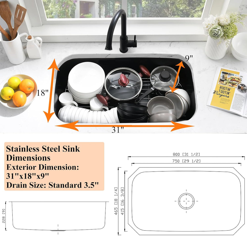 31 Inch Black Undermount Sink Stainless Steel-Bokaiya 31x18 Kitchen Sink Undermount Black Stainless Steel Sink 16 Gauge Single Bowl Kitchen Sink with Dish Grid