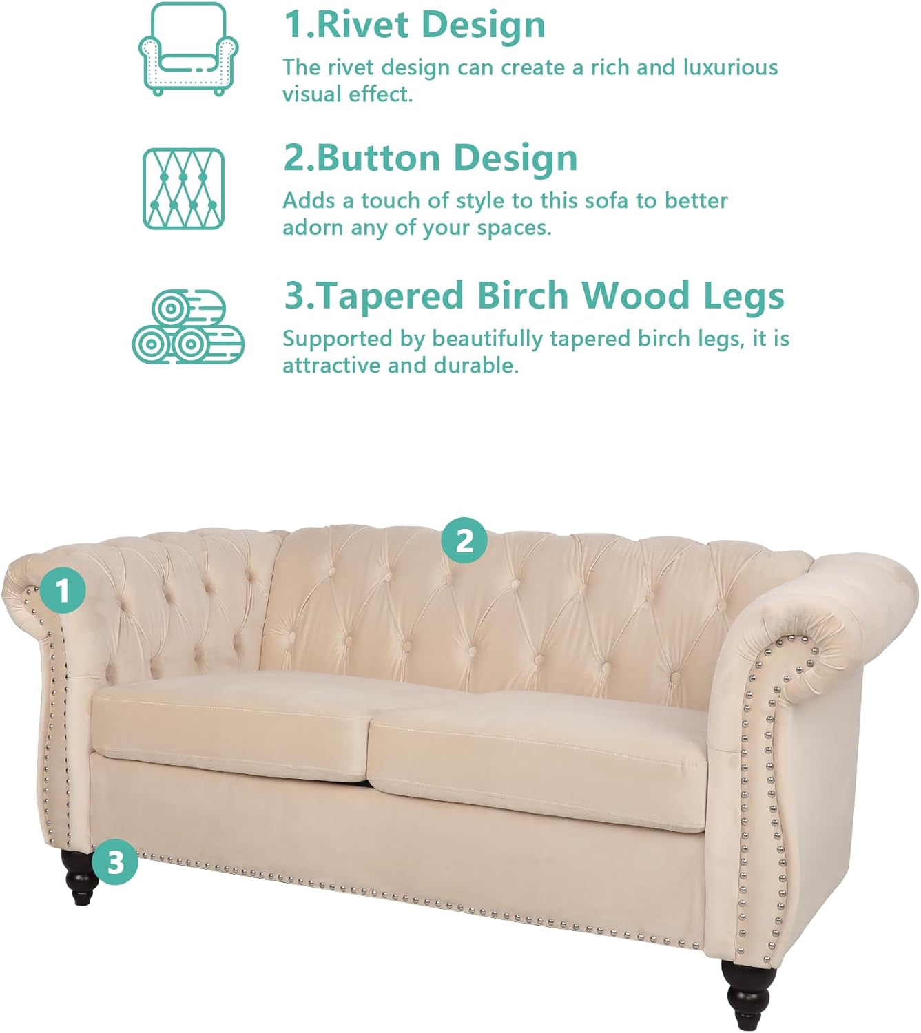 QHITTY 3 Piece Living Room Set, Sectional Chesterfield Sofa Chair Contemporary Upholstered Velvet Loveseat Couch Sets for Living Room, Bedroom, Office (Beige)