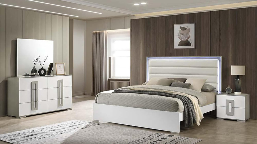Contemporary Style 4 Pc Full Bedroom Set with LED Headboard Made with Wood in White