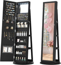 LVSOMT LED Mirror Jewelry Cabinet Standing, 360° Swivel Jewelry Organizers and Storage, Farmhouse Mirror with Jewelry Storage, Lighted Jewelry Armoire with Full Length Mirror (Coal Black)