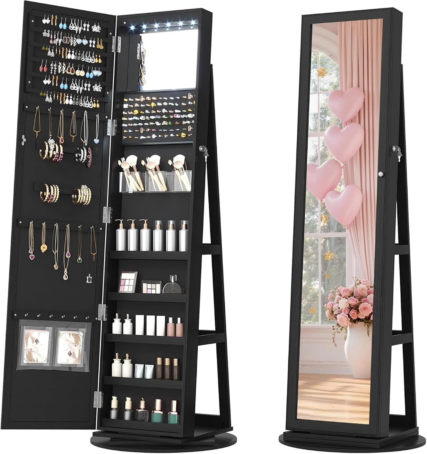 LVSOMT LED Mirror Jewelry Cabinet Standing, 360° Swivel Jewelry Organizers and Storage, Farmhouse Mirror with Jewelry Storage, Lighted Jewelry Armoire with Full Length Mirror (Coal Black)