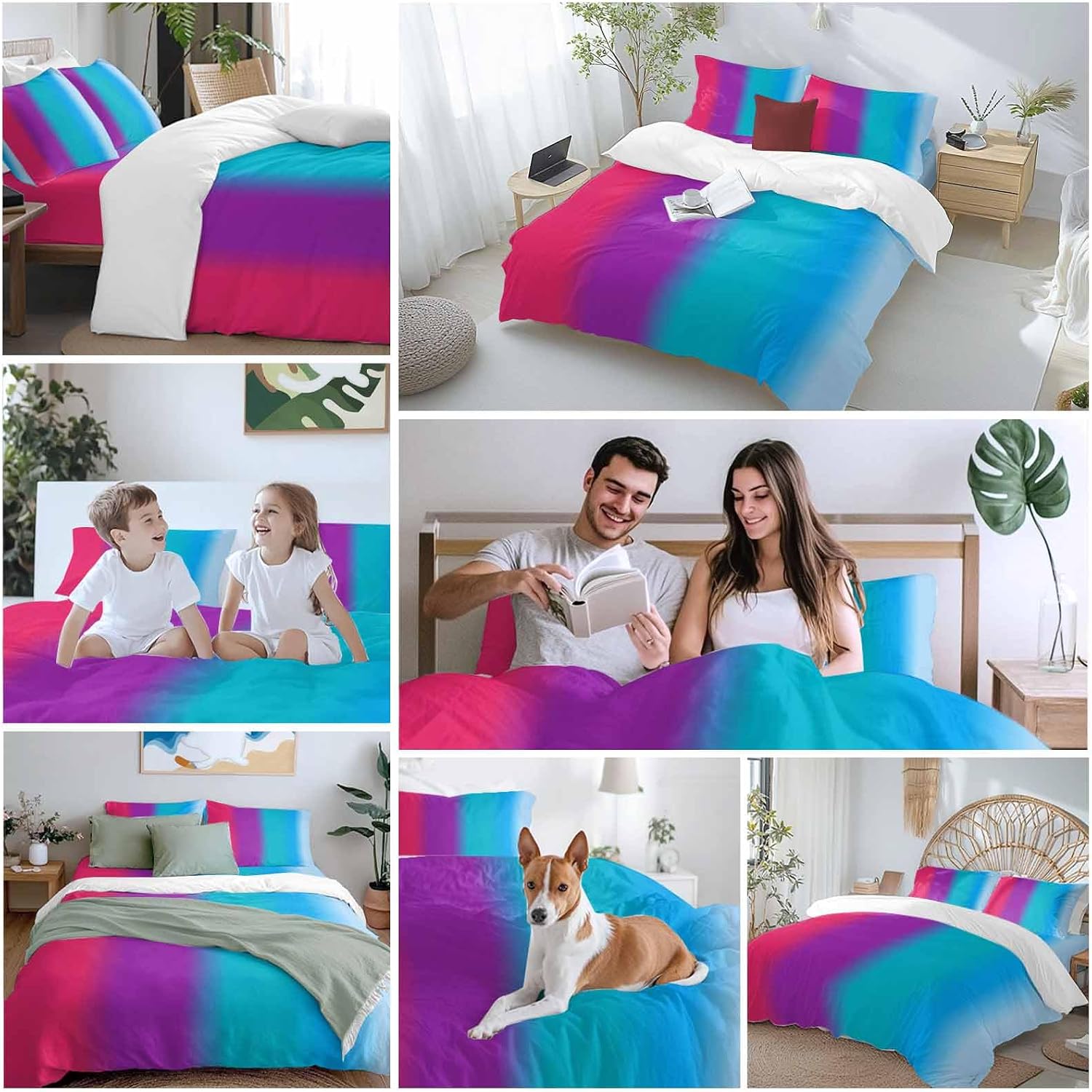 Gradient Art Duvet Cover Set Queen Size 4 Pieces Modern Pink Purple Teal Blue Color Stripes Ombre Bedding Set with Zipper Closure, 1 Comforter Cover 92x106 Inches 1 Flat Sheet & 2 Pillow Cases
