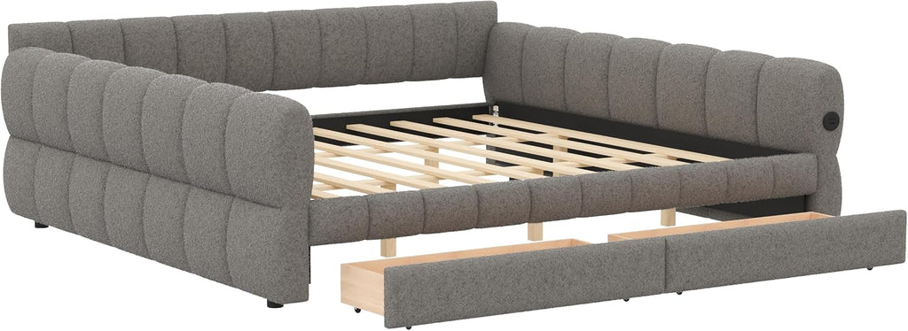 RuiSiSi King Size Daybed with Drawers, Upholstered Daybed with USB Ports, King Upholstered Sofa Bed Frame with Storage, Gray