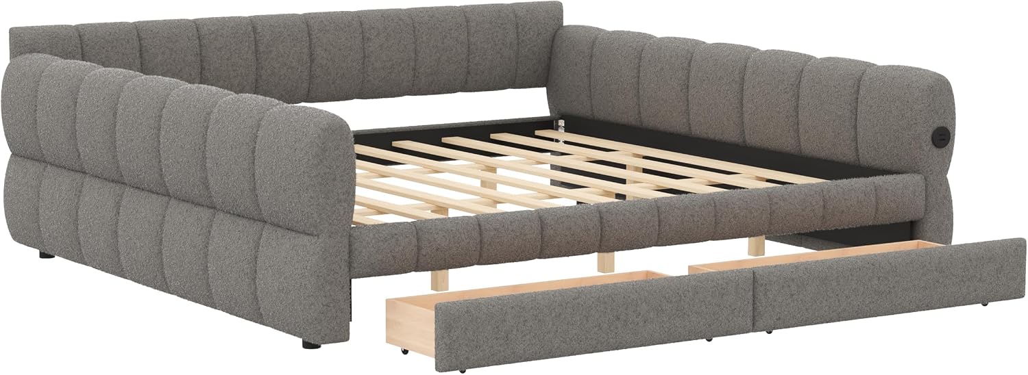 RuiSiSi King Size Daybed with Drawers, Upholstered Daybed with USB Ports, King Upholstered Sofa Bed Frame with Storage, Gray