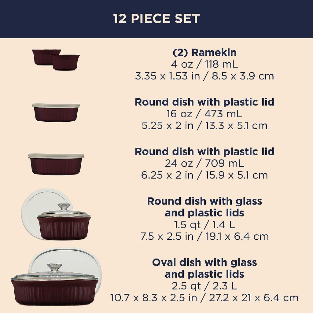 CorningWare Ceramic Bakeware Set with Lids Chip and Crack Resistant Stoneware Baking Dish, Microwave, Dishwasher, Oven, Freezer and Fridge Safe, 12-Piece French Cabernet