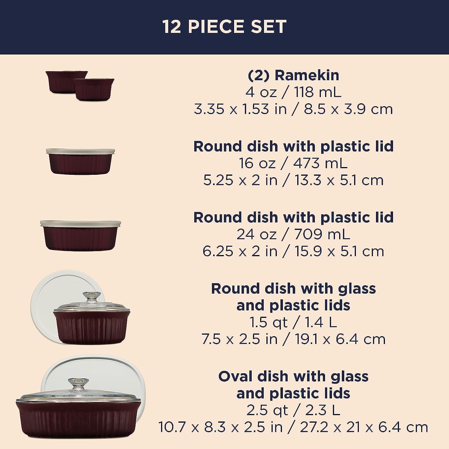 CorningWare Ceramic Bakeware Set with Lids Chip and Crack Resistant Stoneware Baking Dish, Microwave, Dishwasher, Oven, Freezer and Fridge Safe, 12-Piece French Cabernet