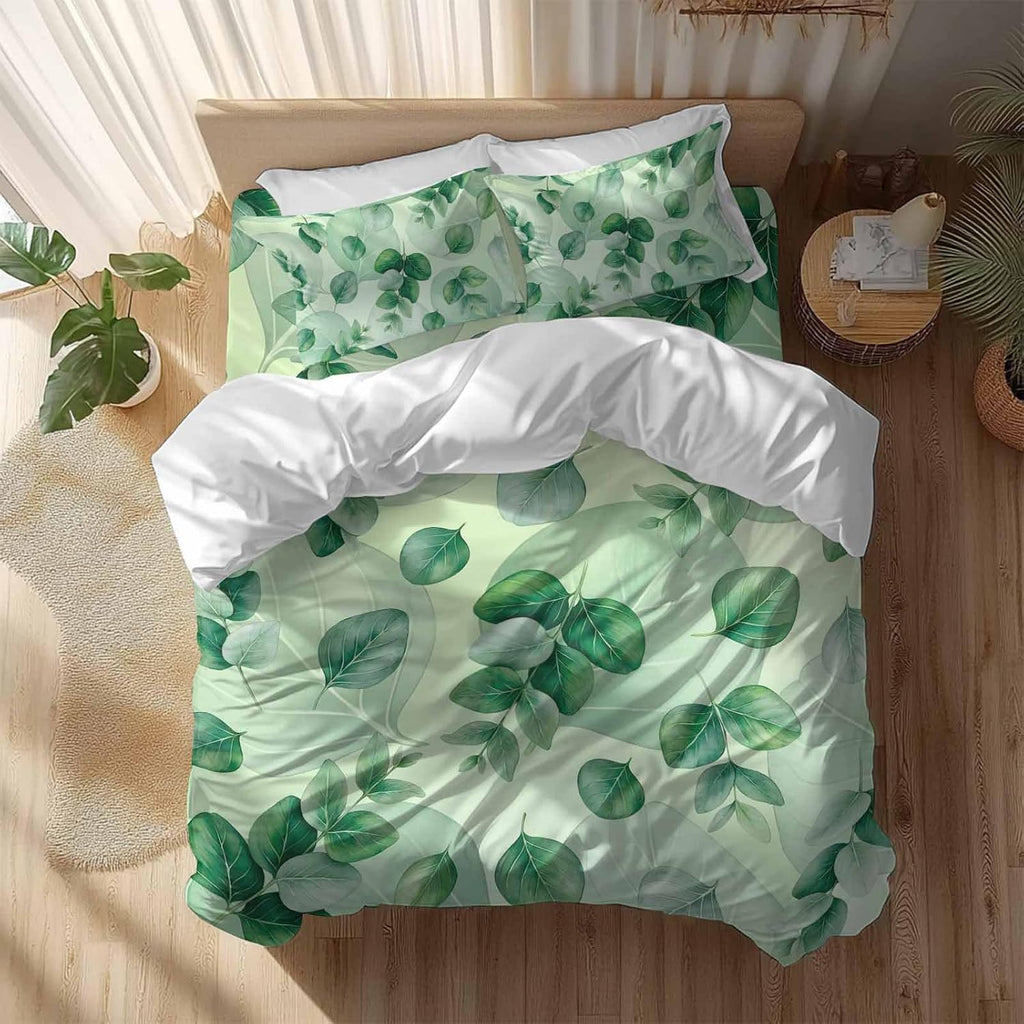 Green Leaf Duvet Cover Set Queen Size 4 Pieces Summer Green Eucalyptus Leaves Plants Farmhouse Bedding Set with Zipper Closure, 1 Comforter Cover 92x106 Inches 1 Flat Sheet & 2 Pillow Cases