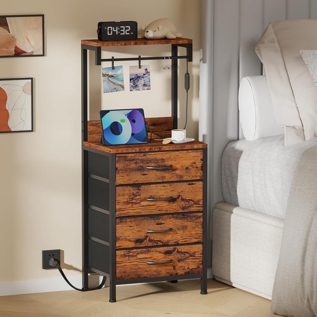 Furnulem Night Stand Set 2, Tall Nightstand with Charging Station and LED Lights, Nightstand with 4 Fabric Drawers and Storage Shelves, Bedside Table Side Tables Set of 2 for Bedroom, Rustic Brown