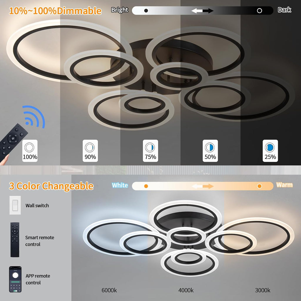 Shine LUEST Modern Ceiling Light, 41.3'' Dimmable LED Black Flush Mount Ceiling Lights with Remote Acrylic Round Ceiling Lamp Fixture for Low Ceiling Bedroom Living Room Dining Room, 108W