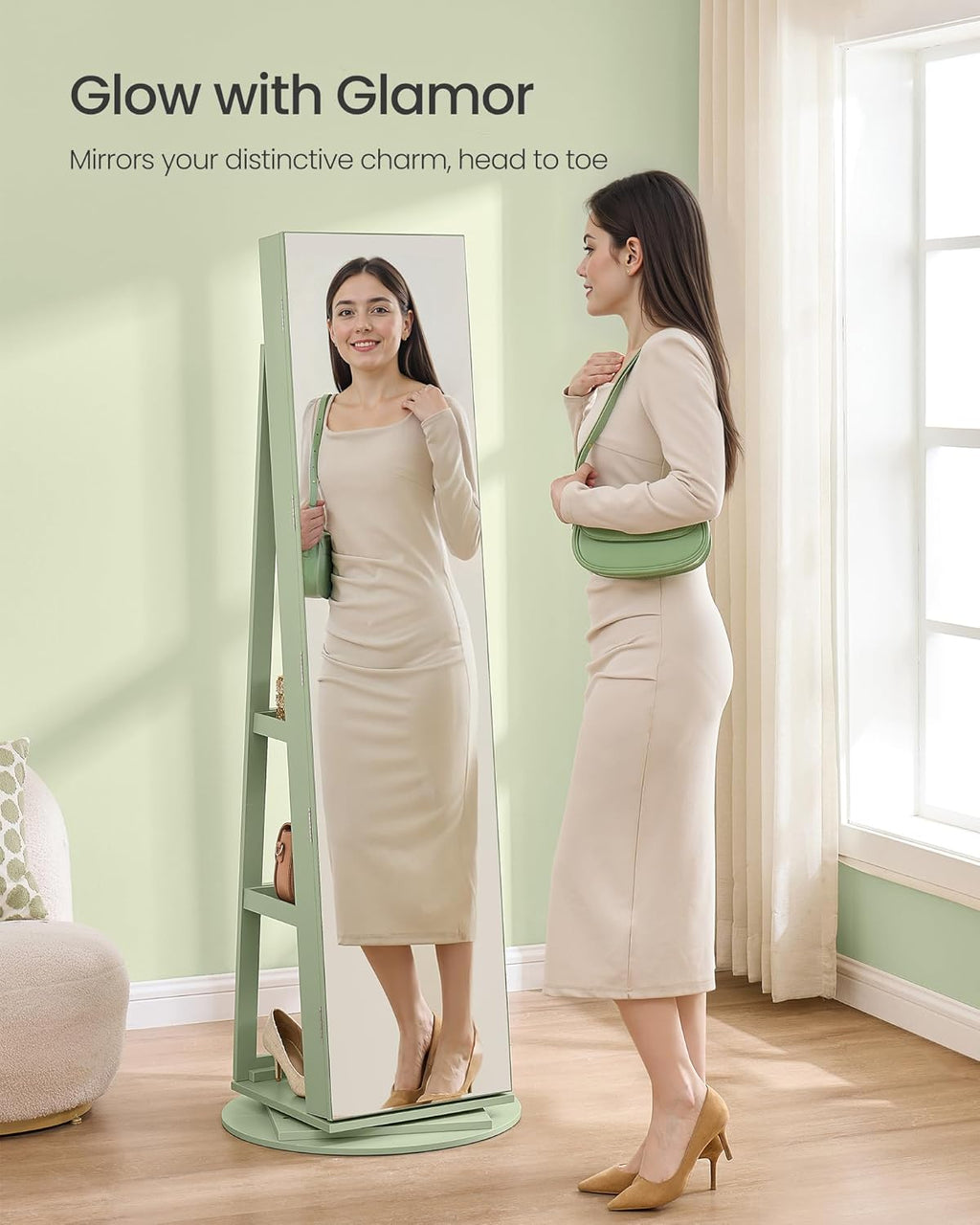 SONGMICS 6 LEDs Lockable Mirror Jewelry Cabinet, 360° Swivel Jewelry Organizer Armoire Standing, Frameless Full-Length Mirror, 3 Storage Shelves, Laurel Green Surface, Cream White Lining UJJC007C01