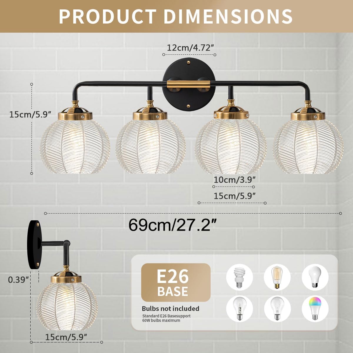Bathroom Light fixtures 4-Lights Vanity Lights Over Mirror Mid Century Modern Wall Sconce Light with Clear Glass Globe Shade Vintage Black Gold Bath Wall Lamp for Living Room Cabinet