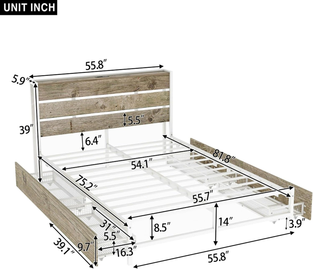 Rustic Wood Platform Bed Frame with 4-Drawer Storage, Charging Station Headboard, 12 Metal Slats, No Box Spring Needed, USB Ports & Outlets, Full Size Modern Bedroom Furniture Set