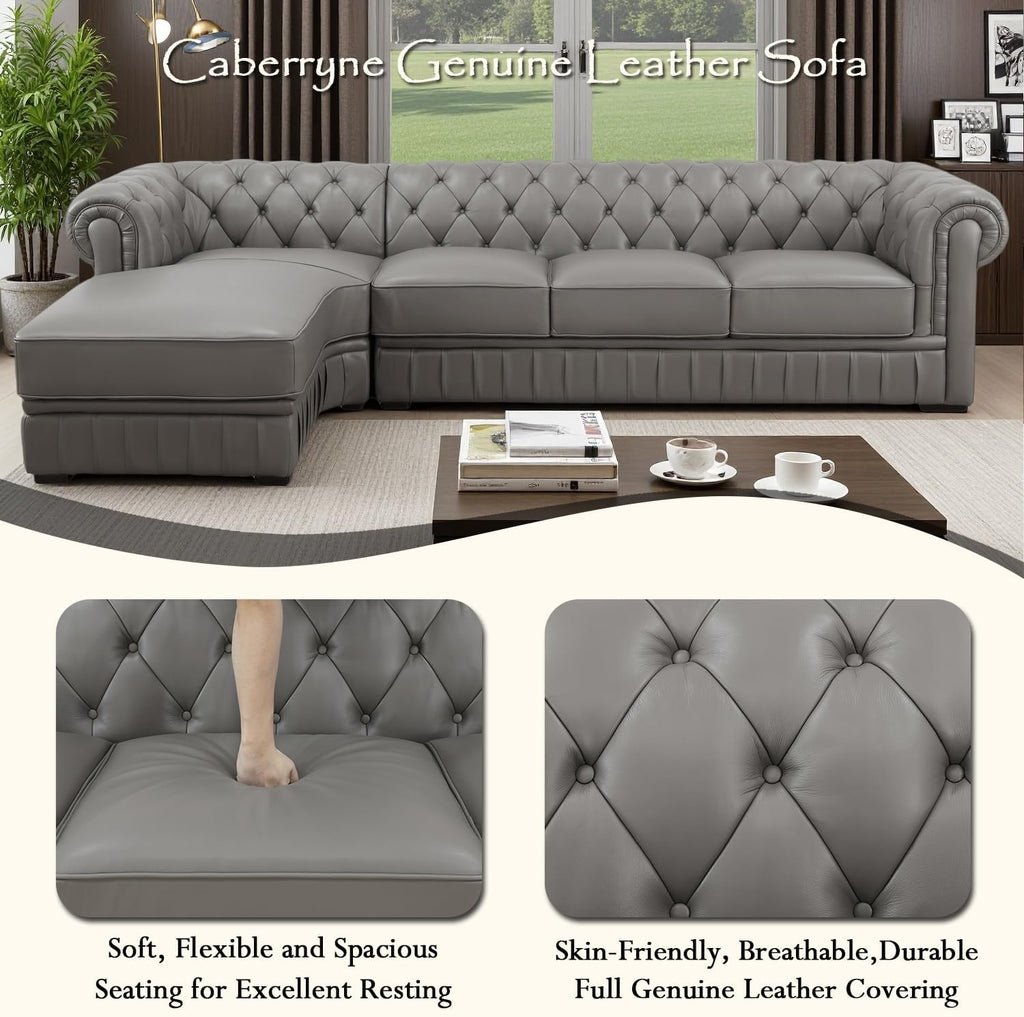 Genuine Leather Sectional Couch, L Shape Top Grain Leather Sofa with 5 Seaters for Living Room Furniture Set, Chesterfield Couches with Button Tufted Design for House/Lounge,Gray
