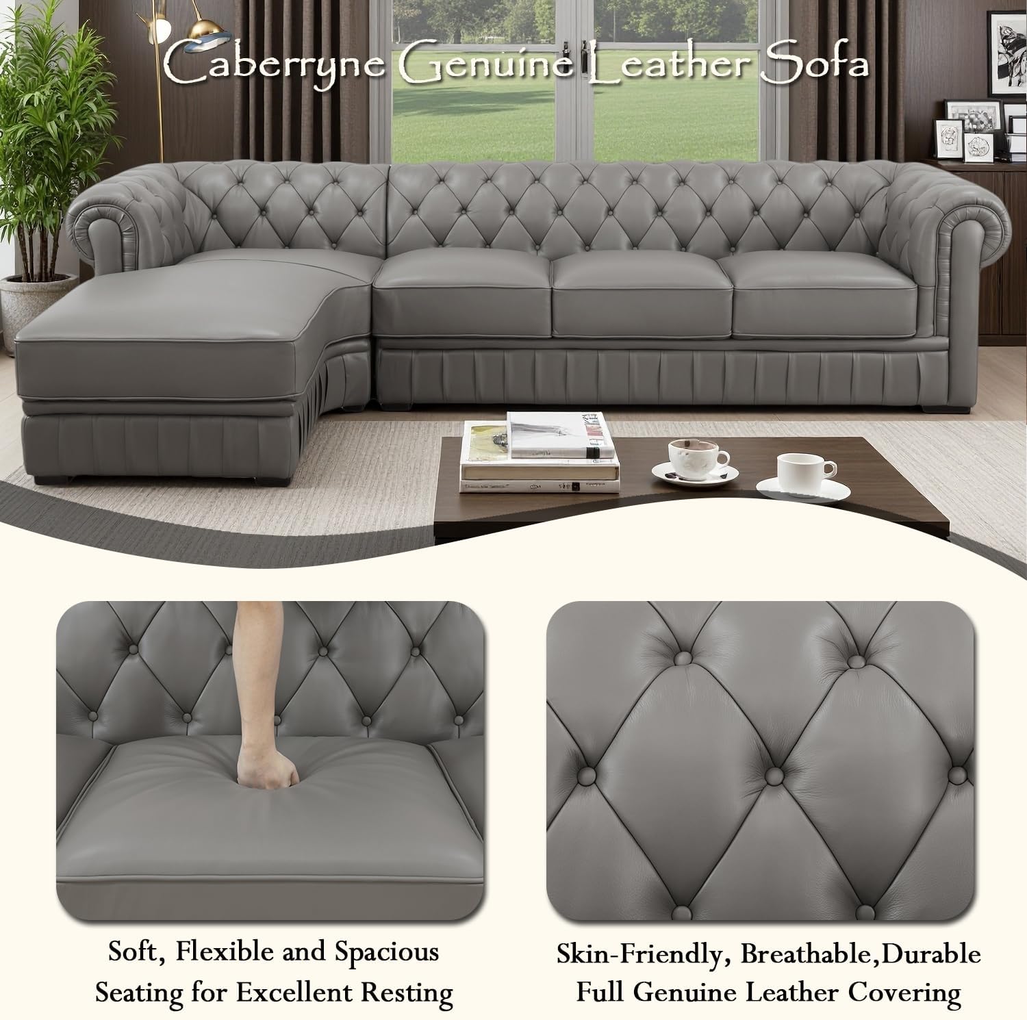 Genuine Leather Sectional Couch, L Shape Top Grain Leather Sofa with 5 Seaters for Living Room Furniture Set, Chesterfield Couches with Button Tufted Design for House/Lounge,Gray