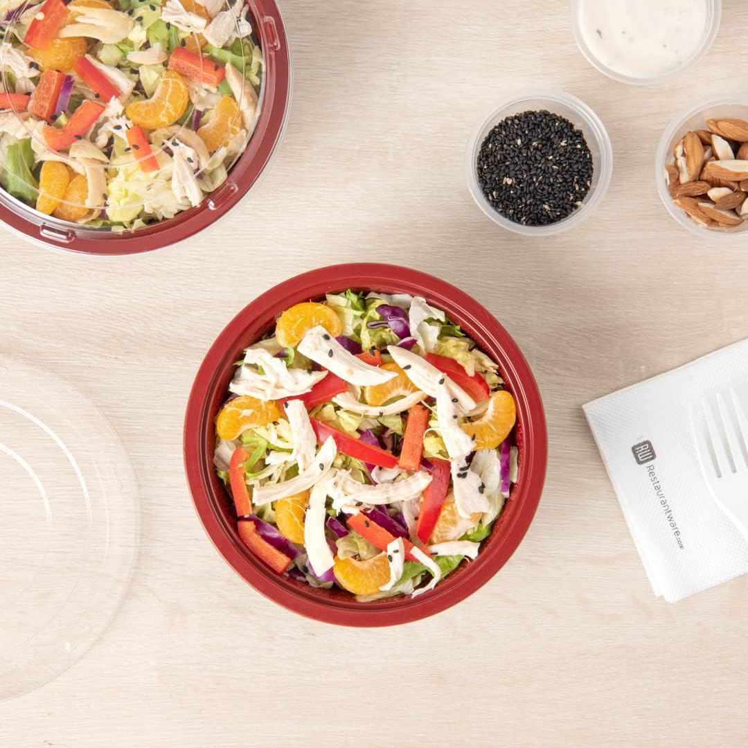 Restaurantware 18 Ounce Food Containers 200 Disposable Salad Bowls - Lids Included Microwavable Black And Red Plastic To Go Bowls Asian Inspired Perfect For Picnics Or Take Outs