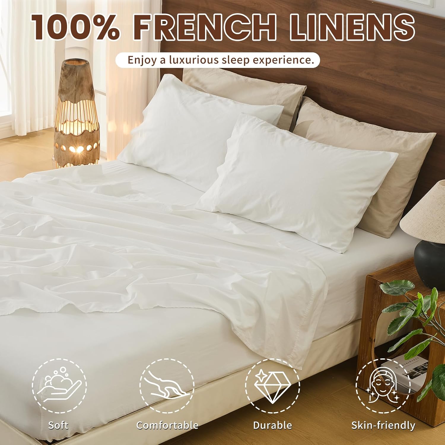 Bedlifes 100% French Pure Linen Sheets California King Size Breathable and Cooling Flax Sheet Set Soft Durable and Moisture Wicking 16 Inch Deep Pocket-4 Piece(Cal King,White)