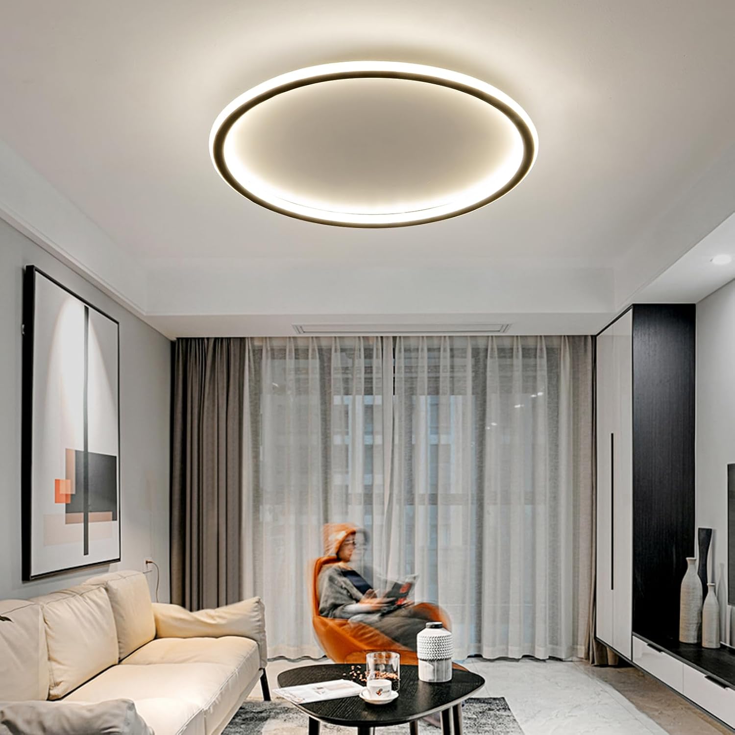 23.6 Inch Flush Mount Ceiling Light, 40-60W Round LED Ceiling Light Fixtures, Thin Modern Ceiling Lamp, Close to Ceiling Lights for Bedroom, Kitchen, Living Room, 3 Color Temperature Selectable