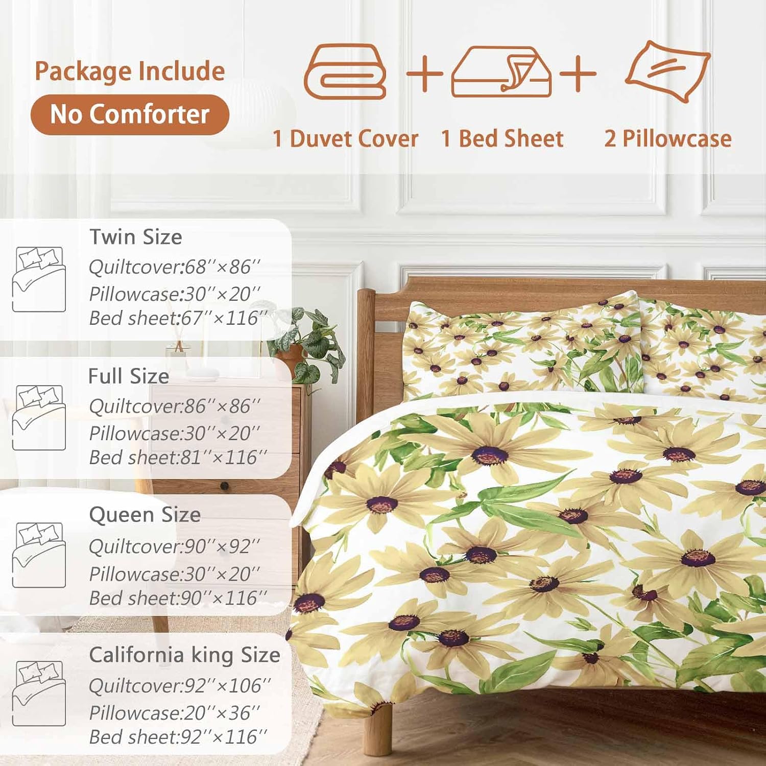 Light Yellow Sunflower Duvet Cover Set Queen Size 4 Pieces Watercolor Flower Green Leaf Spring Country Bedding Set with Zipper Closure, 1 Comforter Cover 92x106 Inches 1 Flat Sheet & 2 Pillow Cases