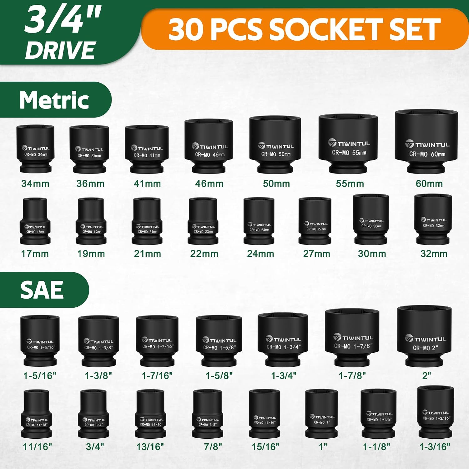 3/4 Inch Drive Impact Socket Set, 6-Point Design, CR-MO Steel, 30 PCS Large Impact Socket Set, SAE (11/16' to 2') and Metric (17mm to 60mm), Rugged Construction, Heavy Duty Impact Sockets