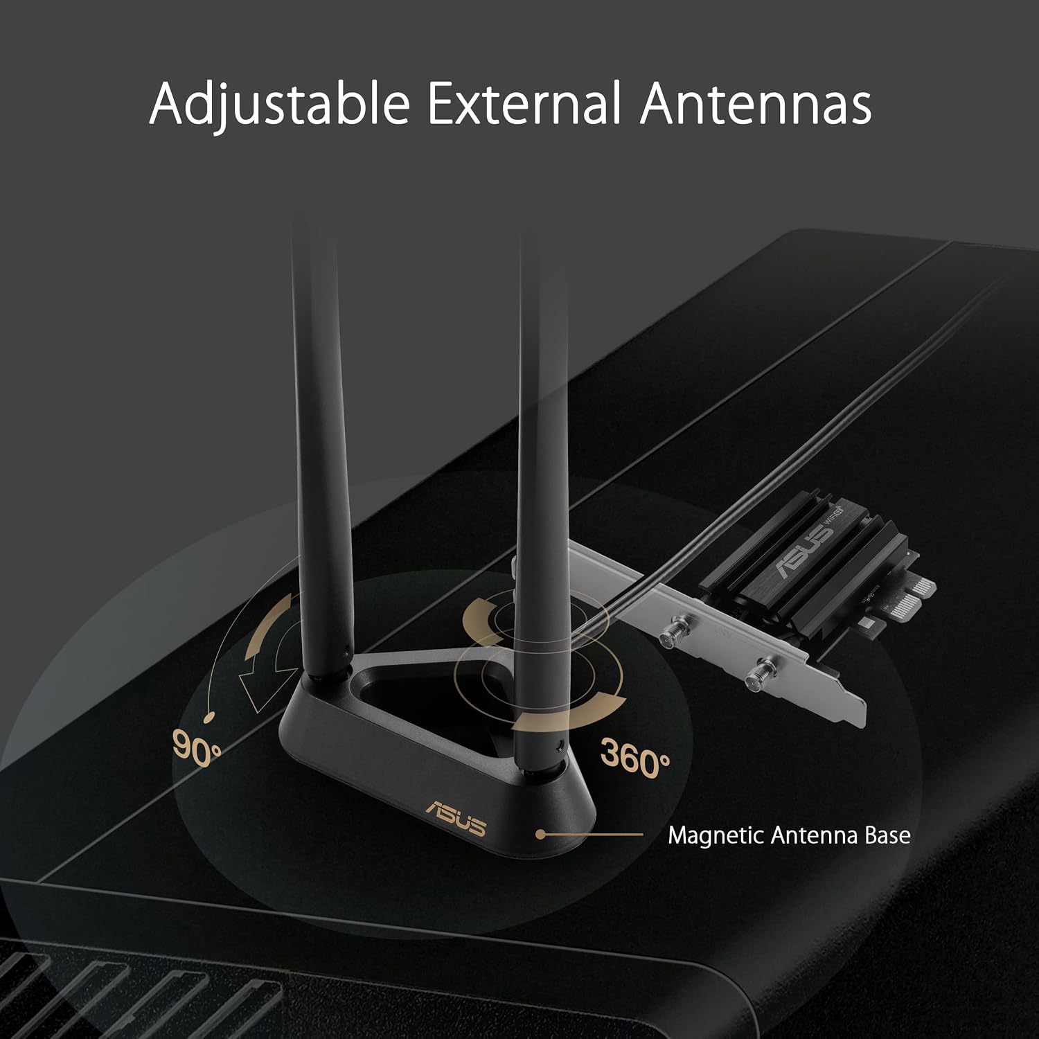 ASUS PCE-AXE59BT WiFi6 6E AX5400 PCI-E Adapter with 2 External Antennas and magnetized Base. Supporting 6GHz Band, 160MHz, Bluetooth 5.2, WPA3 Network Security, OFDMA and MU-MIMO