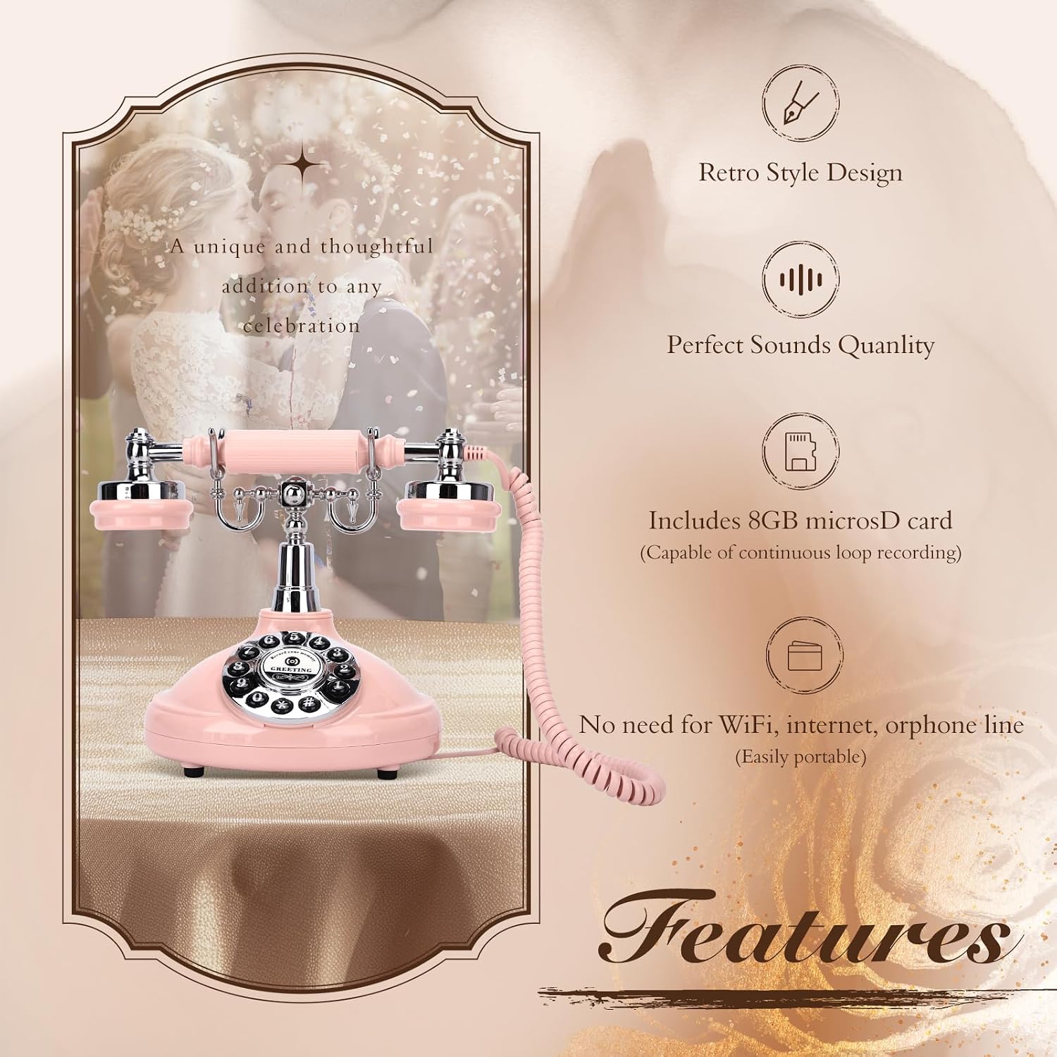 Wedding Phone Guest Book,Audio Guestbook,Vintage Wedding Guestbook Alternative,Polaroid Audio Phone Guest Book for Wedding Baby Shower Retirement Graduation Birthday Party & More! (Pink)