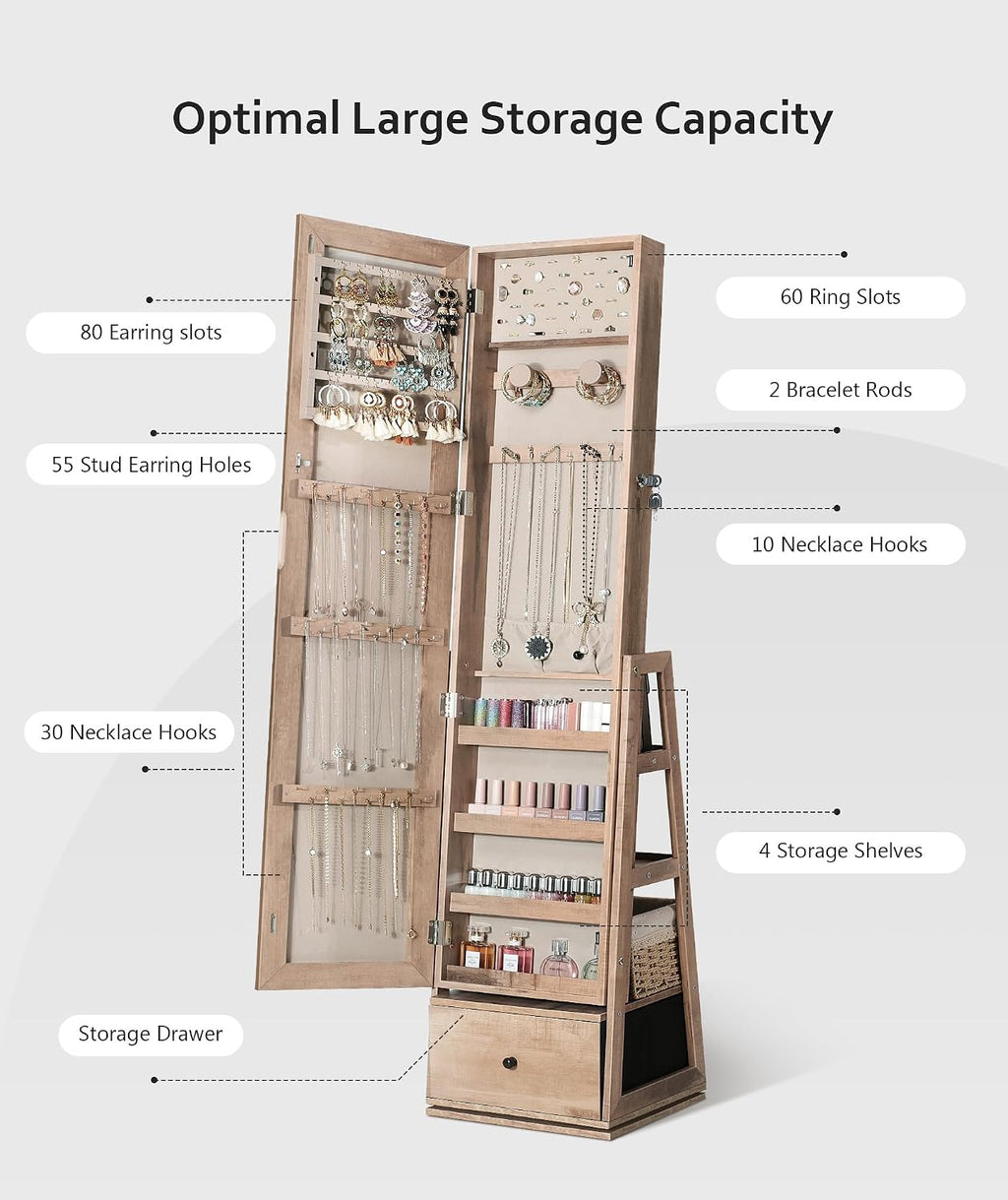 Nicetree 360°Swivel Jewelry Cabinet, Rotatable Full Length Mirror with Jewelry Storage, Standing Jewelry Armoire Organizer, Lockable Jewelry Organizer with 3 Rear Shelves, Bottom Drawer, Toasted Oak