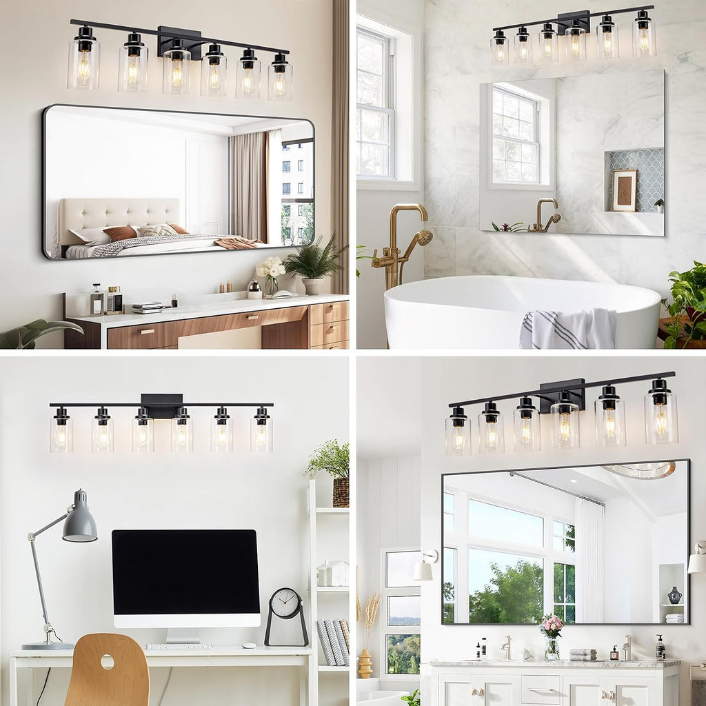 6 Light Bathroom Light Fixtures Black Vanity Light Over Mirror Modern Farmhouse Wall Lighting Sconces Wall Lamp for Bathroom, Bedroom, Living Room E26 Socket with Glass Shade