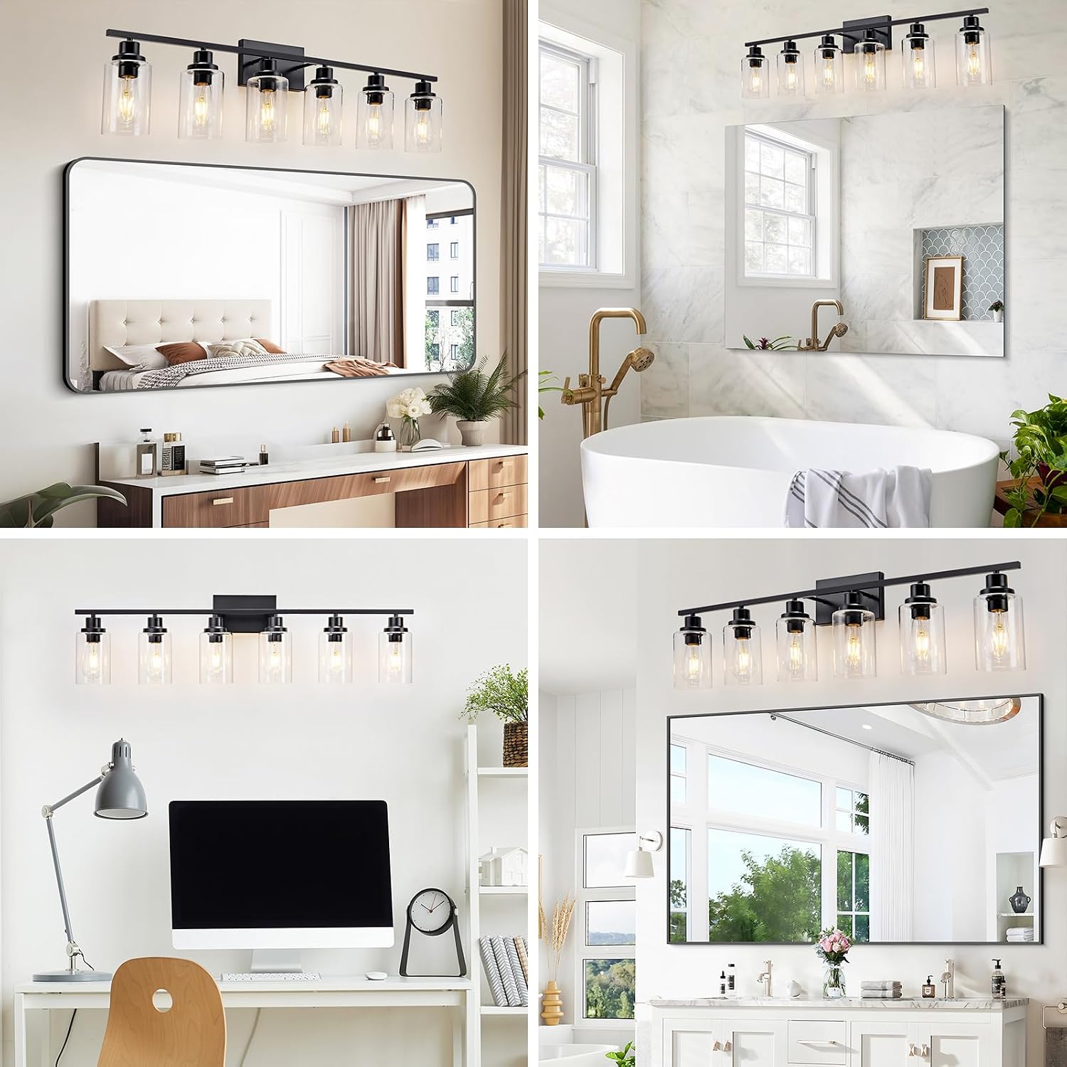 6 Light Bathroom Light Fixtures Black Vanity Light Over Mirror Modern Farmhouse Wall Lighting Sconces Wall Lamp for Bathroom, Bedroom, Living Room E26 Socket with Glass Shade