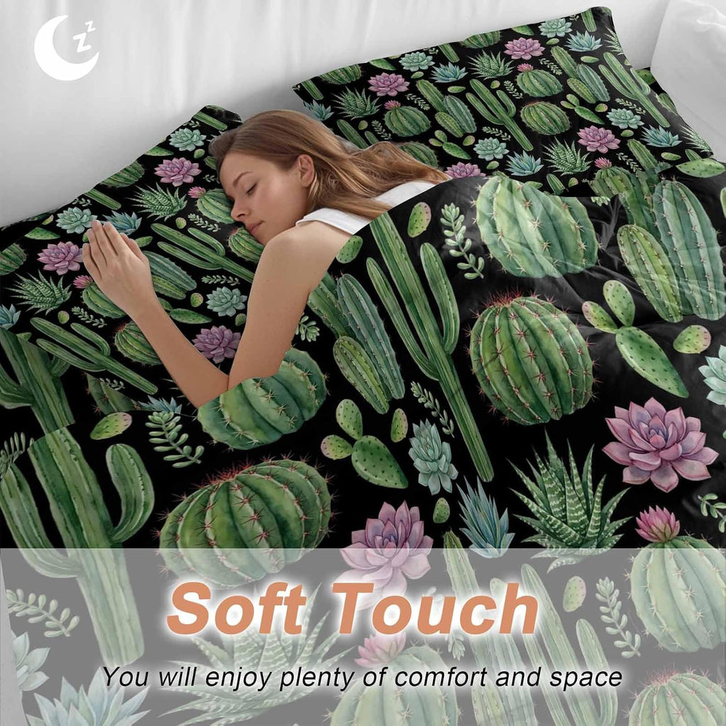 Summer Botanical Duvet Cover Set Queen Size 4 Pieces Tropical Saguaro Opuntia Green Cactus Black Bedding Set with Zipper Closure, 1 Comforter Cover 92x106 Inches 1 Flat Sheet & 2 Pillow Cases