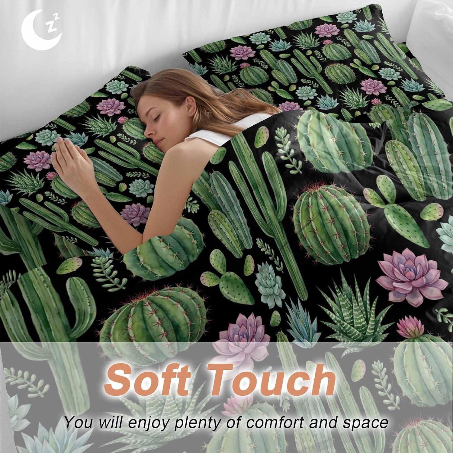 Summer Botanical Duvet Cover Set Queen Size 4 Pieces Tropical Saguaro Opuntia Green Cactus Black Bedding Set with Zipper Closure, 1 Comforter Cover 92x106 Inches 1 Flat Sheet & 2 Pillow Cases
