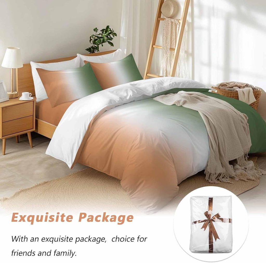 Gradient Sage Green Duvet Cover Set Queen Size 4 Pieces Modern Minimalist Sage Green Orange Ocean Beach Bedding Set with Zipper Closure, 1 Comforter Cover 86x86 Inches 1 Flat Sheet & 2 Pillow Cases