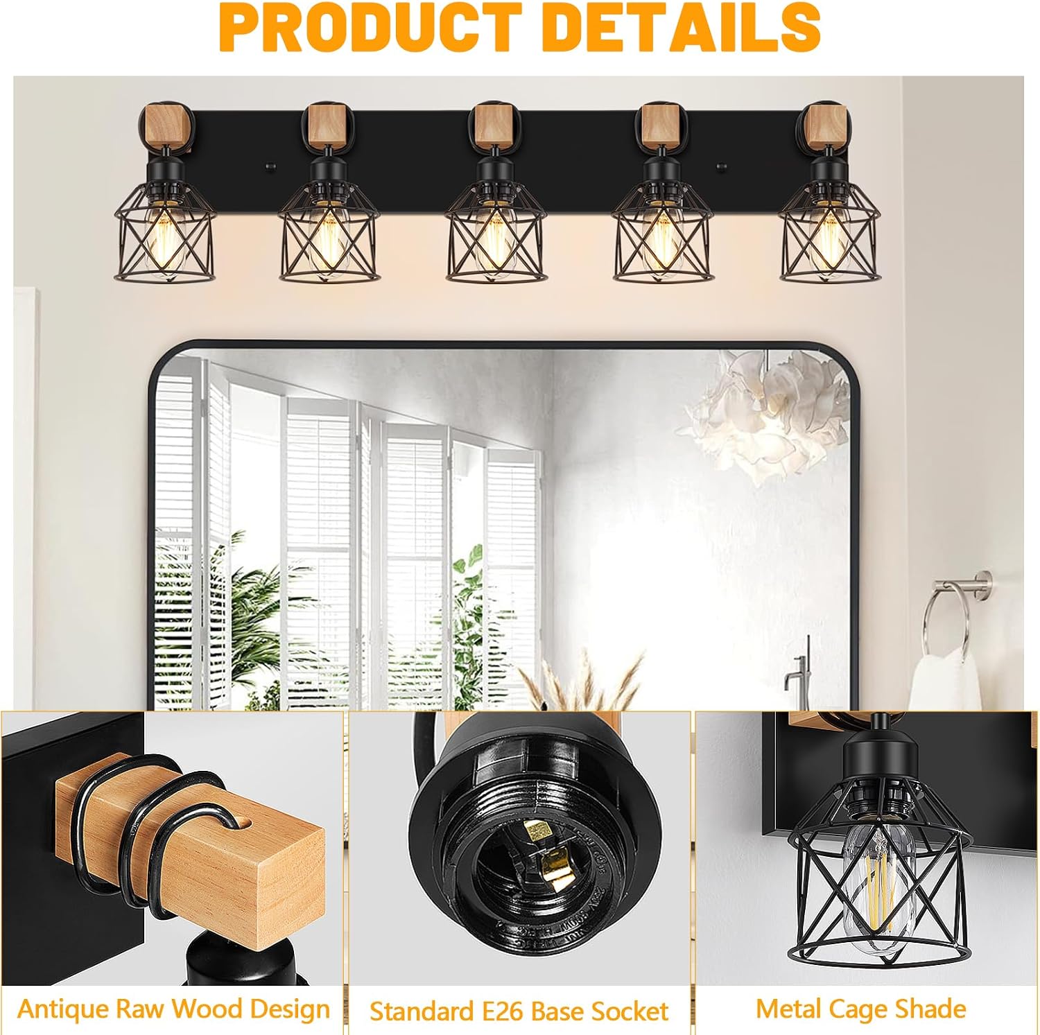 FadimiKoo 5-Light Wooden Black Bathroom Light Fixtures, Rustic Style Vanity Wall Sconces Lighting with Metal Cage, Farmhouse Bathroom Lights Wall Mount for Bedroom, Living Room, Entrance