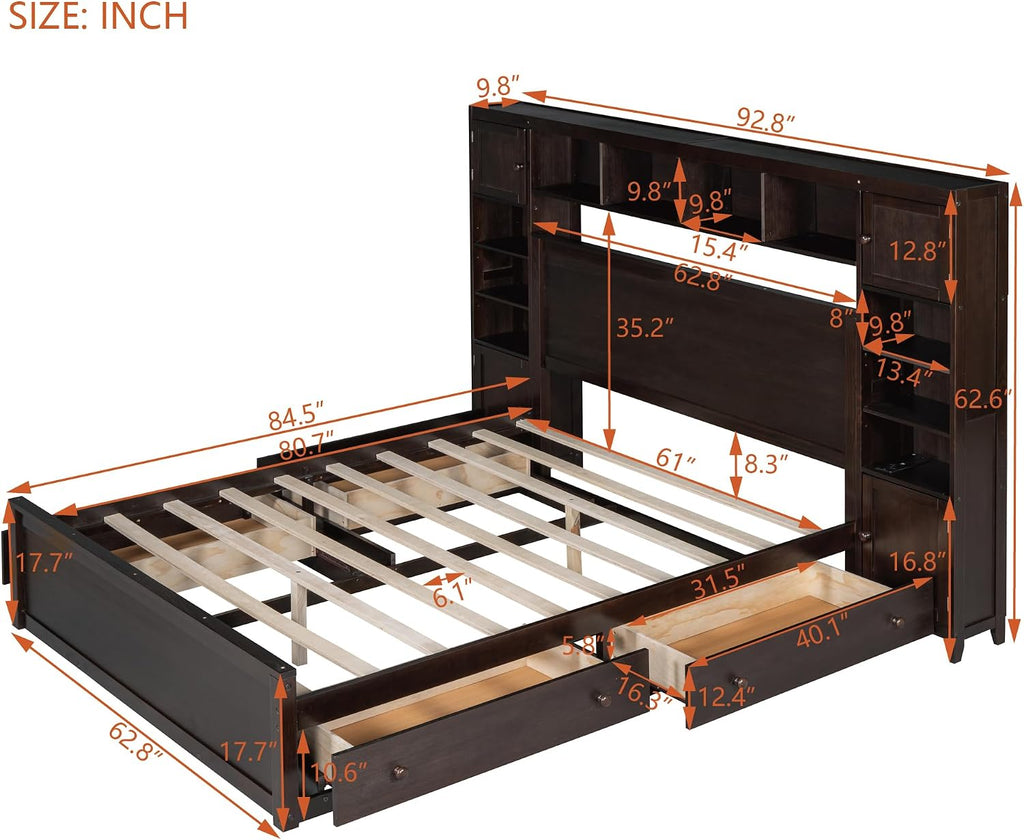 Merax Queen Size Wooden Bed with All-in-One Cabinet, Espresso Platform Bed Frame with 4 Drawers, Shelf and Sockets