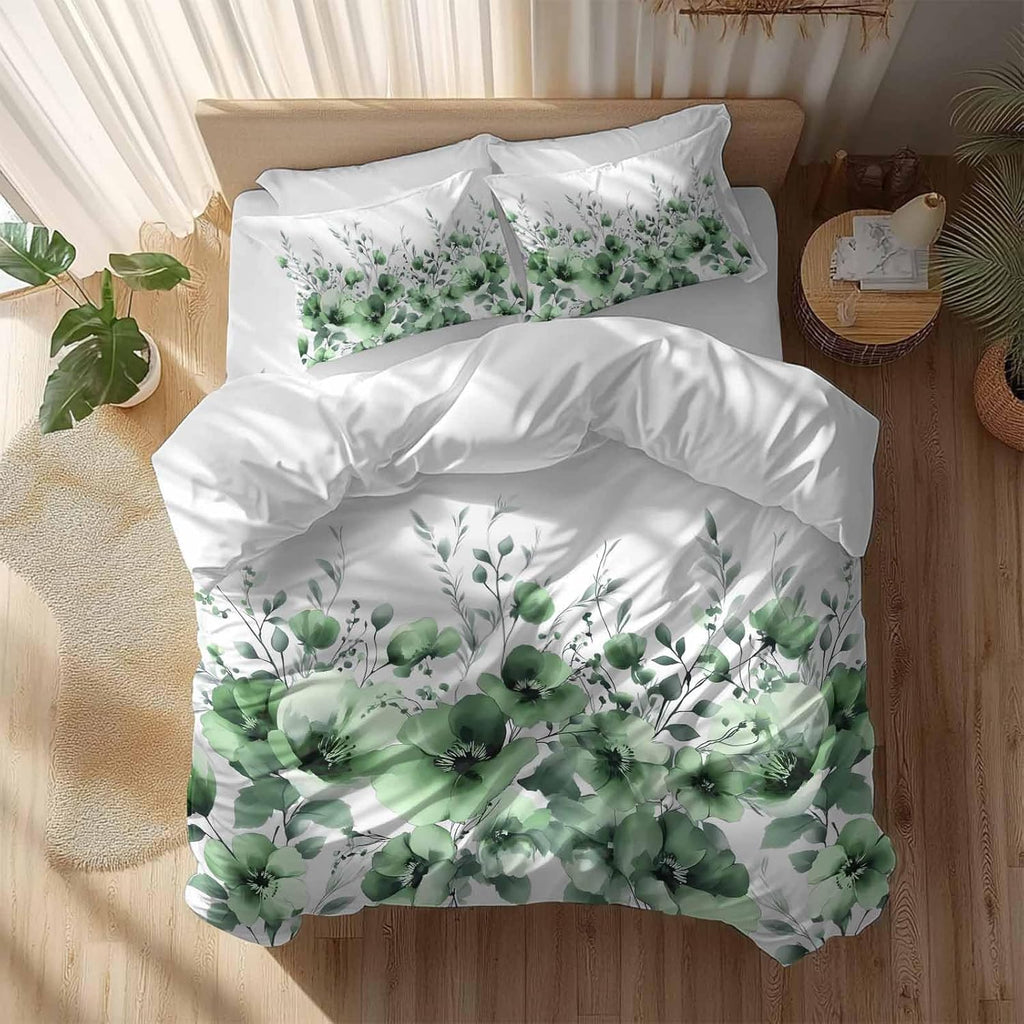 Prime Leader Spring Floral Duvet Cover Set Queen Size 4 Pieces Watercolor Green Flower Plants Country Bedding Set with Zipper Closure, 1 Comforter Cover 90x92 Inches 1 Flat Sheet & 2 Pillow Cases