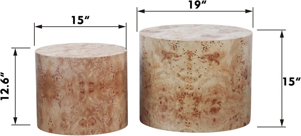 Nesting Coffee Table Set of 2, Modern Round Coffee Table Drum Side Table, Wooden Circle Accent Tables End Tables for Small Spaces Living Room Bedroom Office, Natural Burl