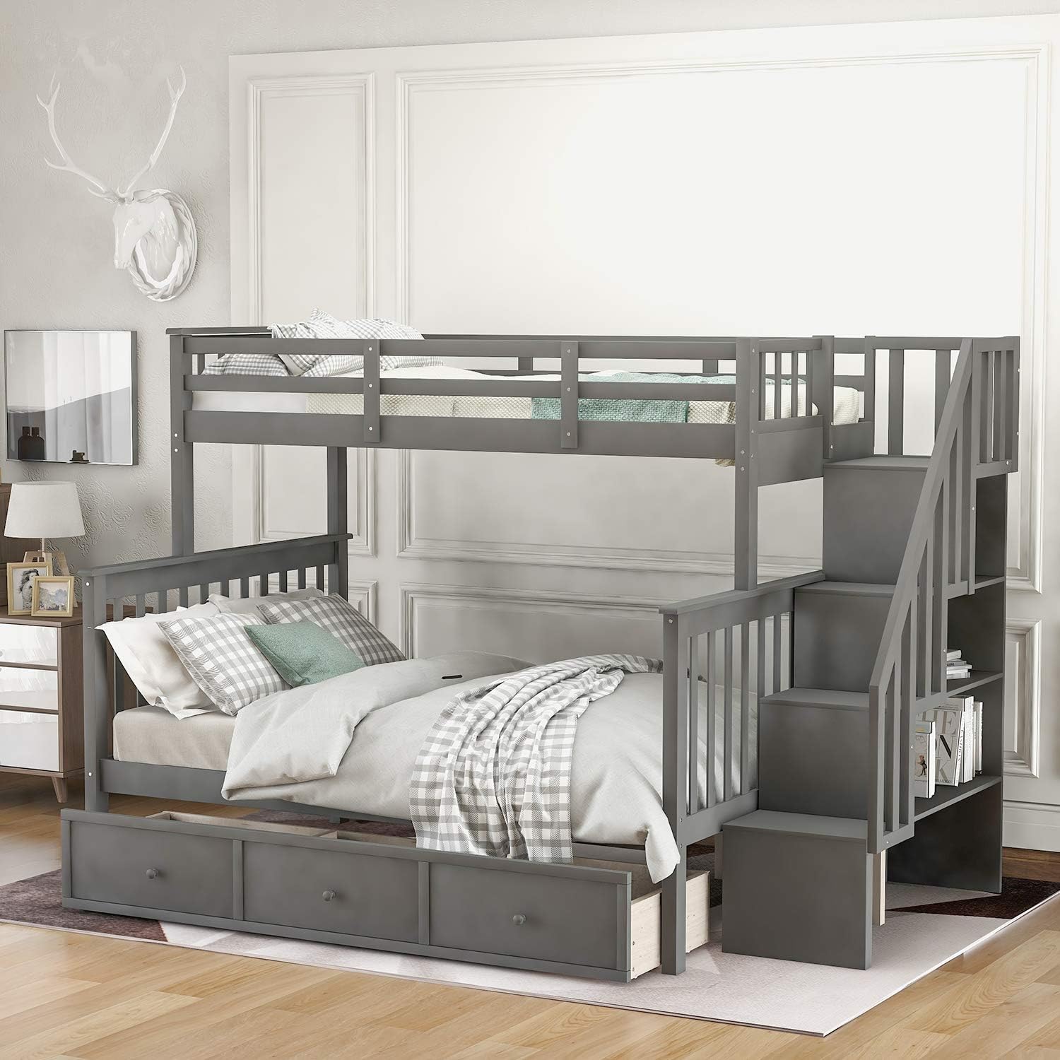 Merax Twin-Over-Full Stairway Bunk Bed with Drawer, Storage and Guard Rail for Bedroom, Dorm, for Adults (Grey)