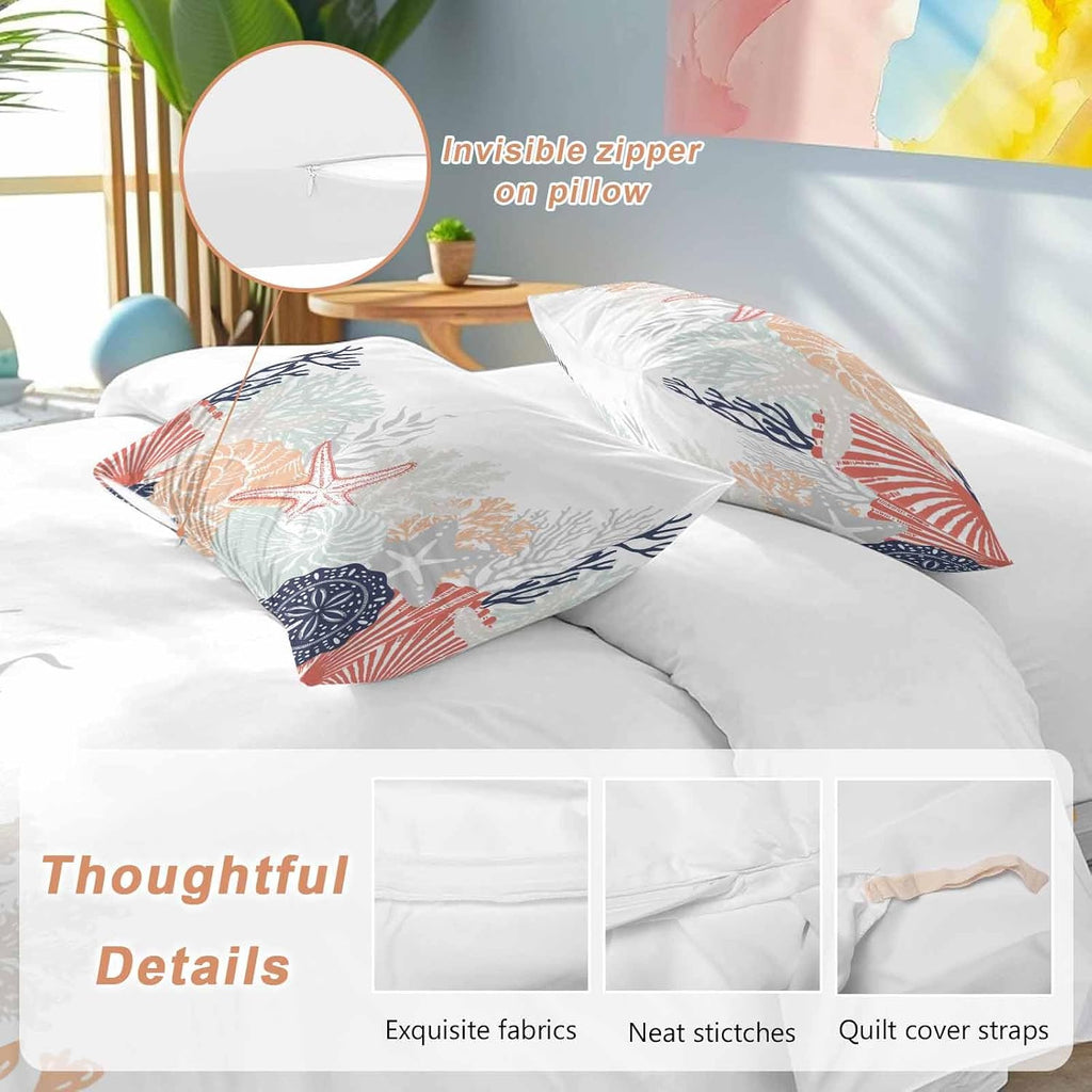 Summer Marine Life Duvet Cover Set Queen Size 4 Pieces Ocean Gray Coral Coastal Starfish Conch Bedding Set with Zipper Closure, 1 Comforter Cover 92x106 Inches 1 Flat Sheet & 2 Pillow Cases