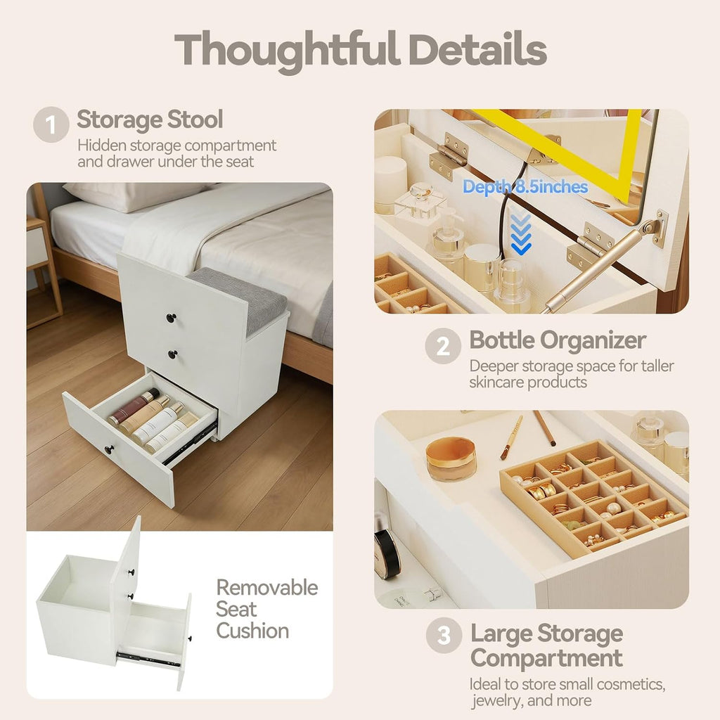 CHARMAID 3-in-1 Vanity Desk with Flip-Top LED Mirror, Rolling Stool with Hidden Storage & Drawer, 20 inch Compact Modern Makeup Vanity Table for Bedroom & Apartment, White