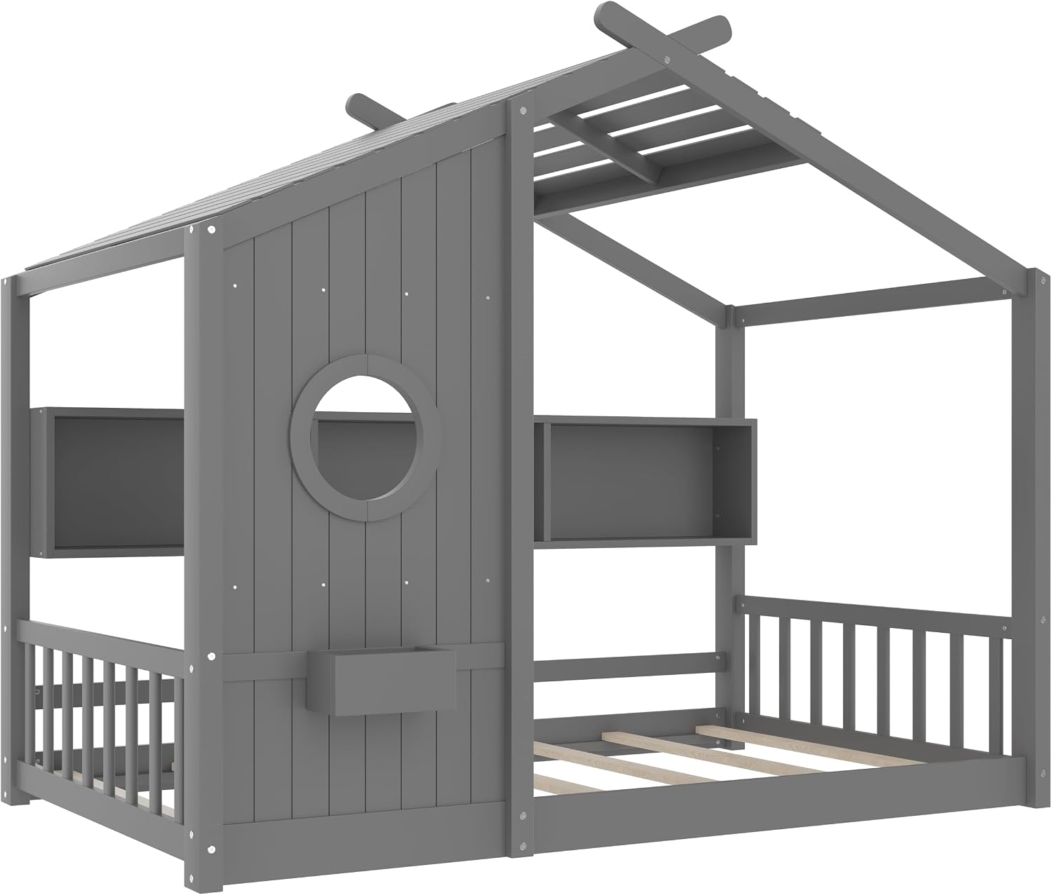 Merax Wood Floor House Bed with Storage Shelves, Twin Size Low Day Bed with Headboard & Wood Slat Support, No Box Spring Needed, Gray