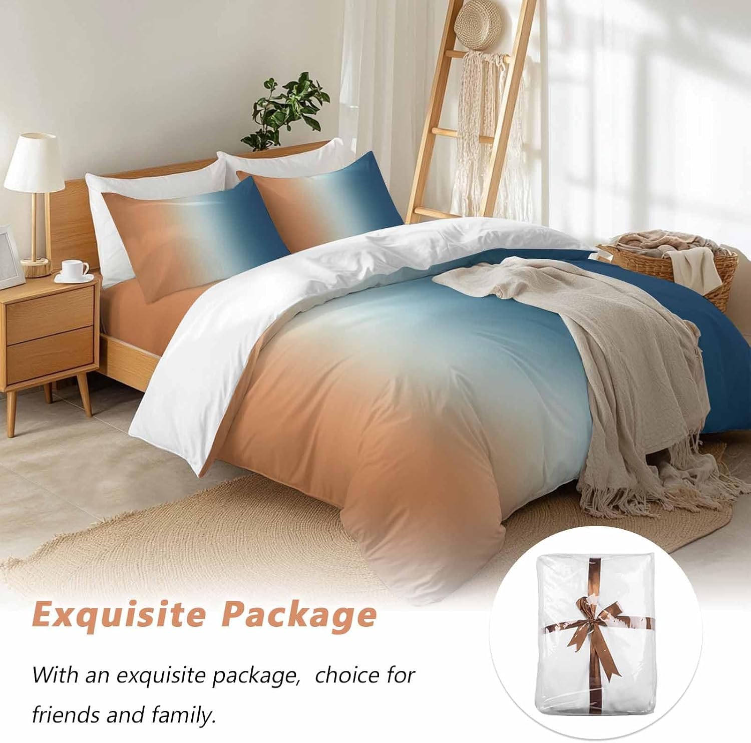 Gradient Orange Blue Duvet Cover Set Queen Size 4 Pieces Modern Abstract Minimalist Blue Ocean Beach Bedding Set with Zipper Closure, 1 Comforter Cover 86x86 Inches 1 Flat Sheet & 2 Pillow Cases