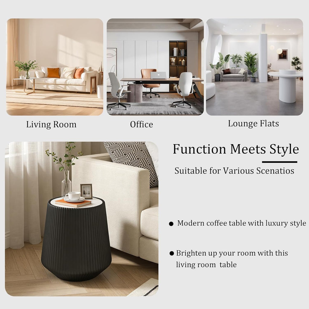 Round Living Room Table Set, 26.77' Grey Drum Center Table and 19.68' Black Coffee Table Set, 2 Pieces Coffee Table Set with Sintered Stone Tabletop, Fluted PU Leather Covered and Stable Base